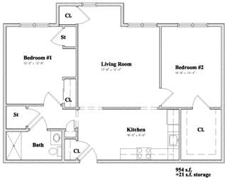 Devon Management - Independence Square - Newburgh, NY - 2 Bedroom Floor Plan