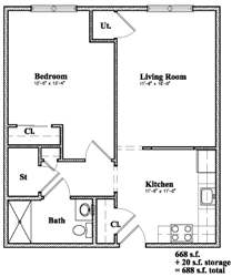 Devon Management - Golden Ridge - Monticello, NY - 1 Bedroom Floor Plan