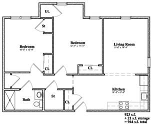 Devon Management - Golden Ridge - Monticello, NY - 2 Bedroom Floor Plan